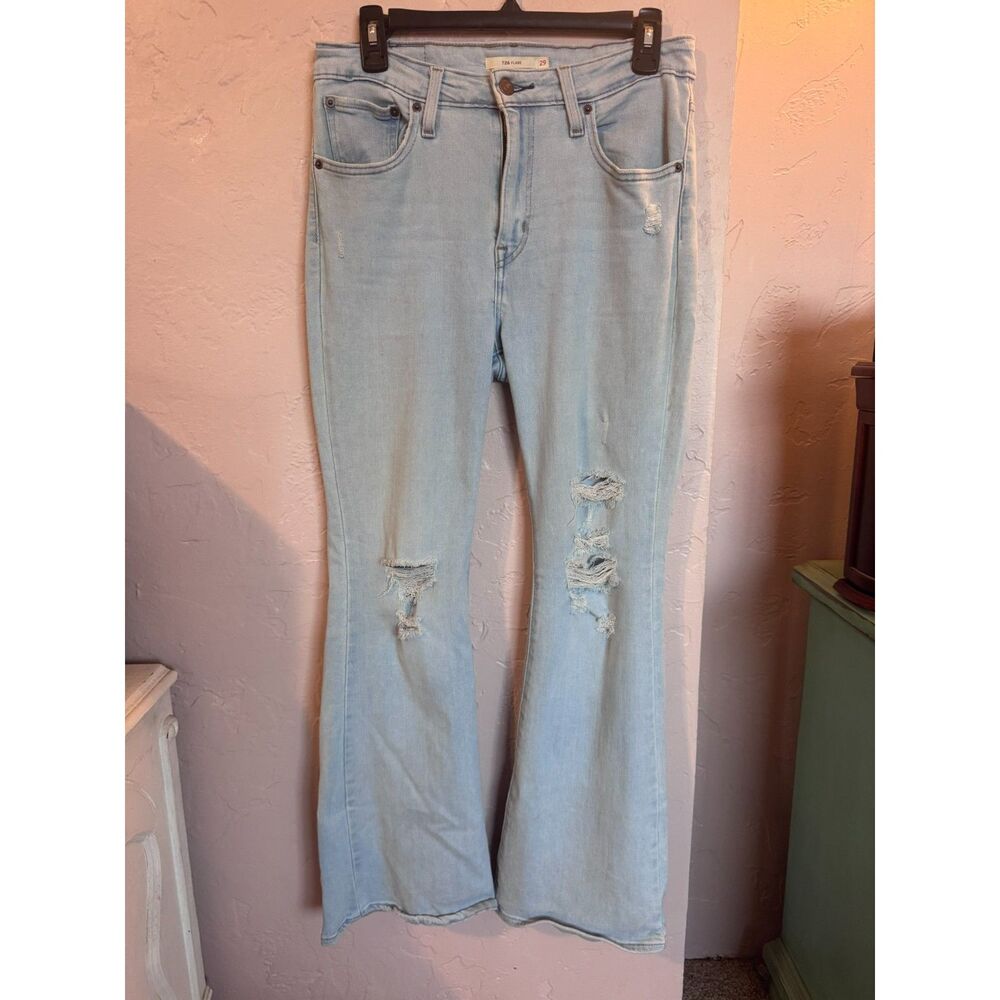 Levi's 726 High Rise Flare Leg Jeans with Stretch Distressed 29 x 30 Light Wash - Picture 3 of 8